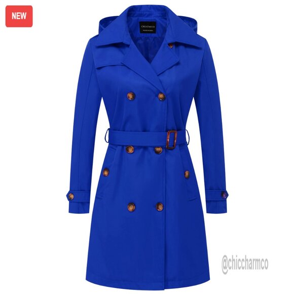 Women's Long Trench Coat Double-Breasted Belted Slim Fit Detachable Hood